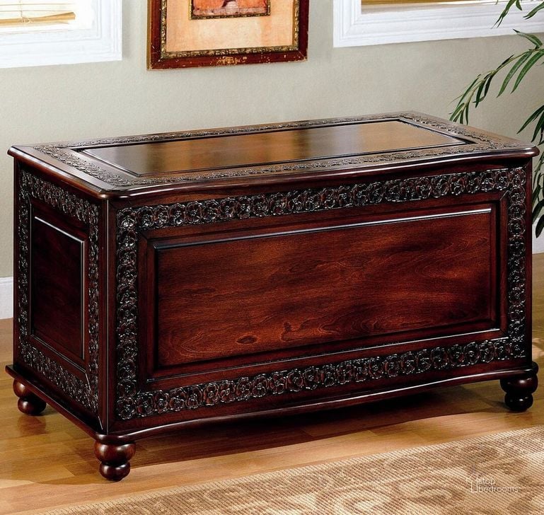 The appearance of Dark Cherry Deep Tobacco Cedar Chest designed by Coaster in the traditional interior design. This brown piece of furniture  was selected by 1StopBedrooms from Dark Collection to add a touch of cosiness and style into your home. Sku: 900012. Material: Wood. Product Type: Storage Trunk. Image1