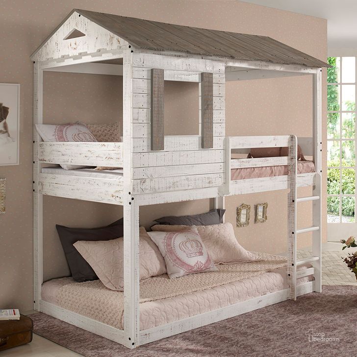The appearance of Darlene Twin over Twin Bunk Bed (Rustic White) designed by ACME in the country / farmhouse interior design. This rustic white piece of furniture  was selected by 1StopBedrooms from Darlene Collection to add a touch of cosiness and style into your home. Sku: 38135RF;38136R;38137SLAT. Bed Type: Bunk Bed. Material: Wood. Bed Size: Twin. Product Type: Kids Loft and Bunk Bed. Image1