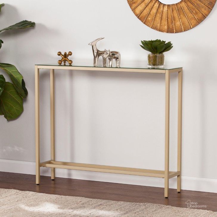 The appearance of Darrin Narrow Mini Console Table With Mirrored Top In Gold designed by SEI Furniture in the transitional interior design. This gold piece of furniture  was selected by 1StopBedrooms from Darrin Collection to add a touch of cosiness and style into your home. Sku: CM9297. Material: Wood. Product Type: Console Table. Image1