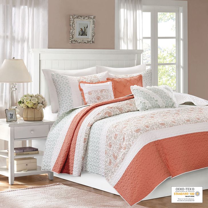 The appearance of Dawn Cotton Percale Printed 6Pcs Queen Coverlet Set In Coral designed by Olliix in the country / farmhouse interior design. This coral piece of furniture  was selected by 1StopBedrooms from Dawn Collection to add a touch of cosiness and style into your home. Sku: MP13-2799. Material: Polyester. Bed Size: Queen. Product Type: Coverlet Set. Image1