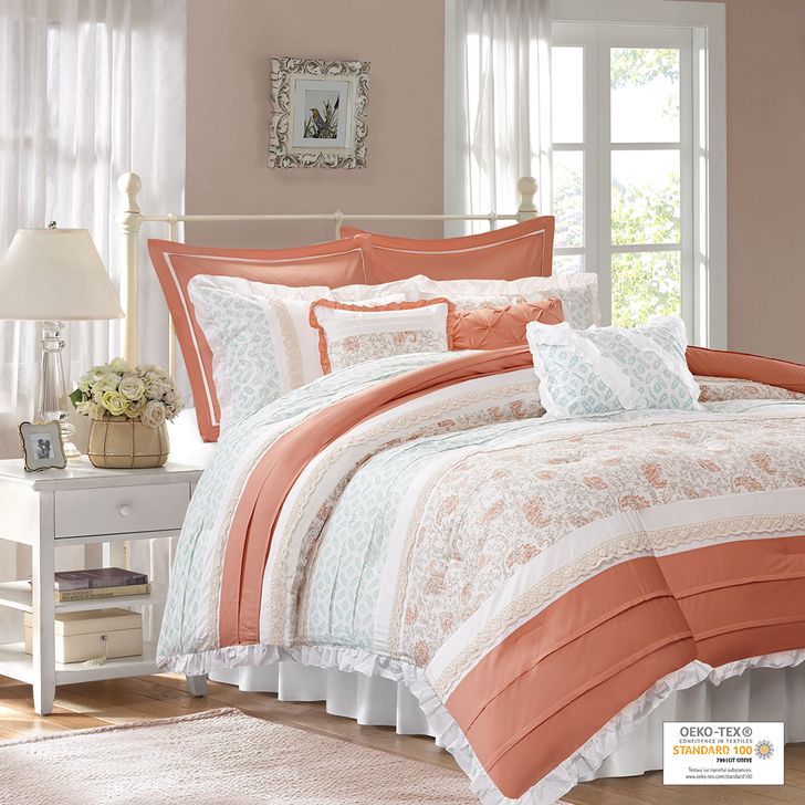 The appearance of Dawn Cotton Percale Printed Piecing Pintuck Ruched Flange 9Pcs California King Comforter Set In Coral designed by Olliix in the country / farmhouse interior design. This coral piece of furniture  was selected by 1StopBedrooms from Dawn Collection to add a touch of cosiness and style into your home. Sku: MP10-2795. Material: Polyester. Bed Size: California King. Product Type: Comforter Set. Image1