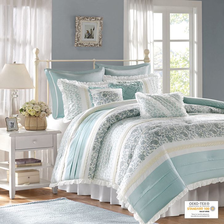 The appearance of Dawn Cotton Printed Pieced 9Pcs Queen Comforter Set With Pintuck In Blue designed by Olliix in the country / farmhouse interior design. This blue piece of furniture  was selected by 1StopBedrooms from Dawn Collection to add a touch of cosiness and style into your home. Sku: MP10-386. Material: Polyester. Bed Size: Queen. Product Type: Comforter Set. Image1