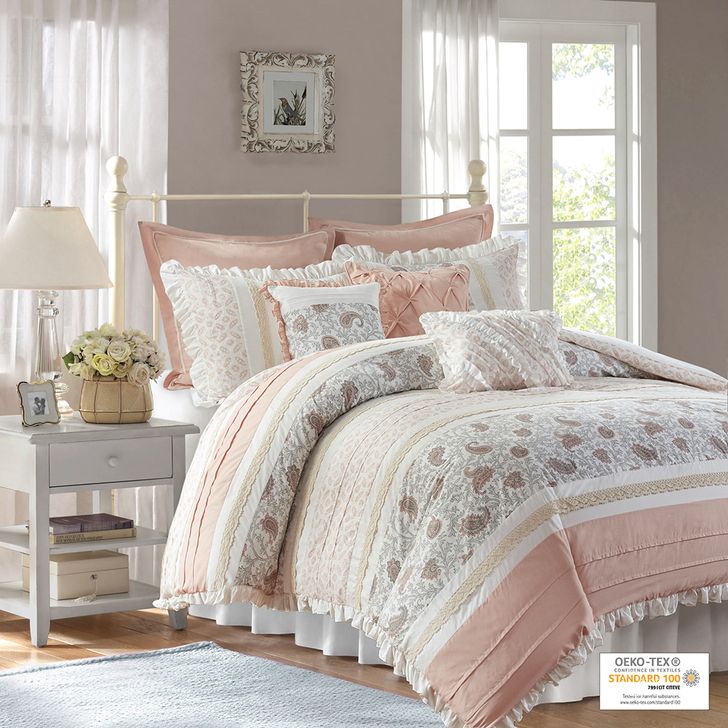 The appearance of Dawn Cotton T180 9 Pcs Printing Pieced Queen Comforter Set In Blush designed by Olliix in the country / farmhouse interior design. This blush piece of furniture  was selected by 1StopBedrooms from Dawn Collection to add a touch of cosiness and style into your home. Sku: MP10-6866. Material: Polyester. Bed Size: Queen. Product Type: Comforter Set. Image1