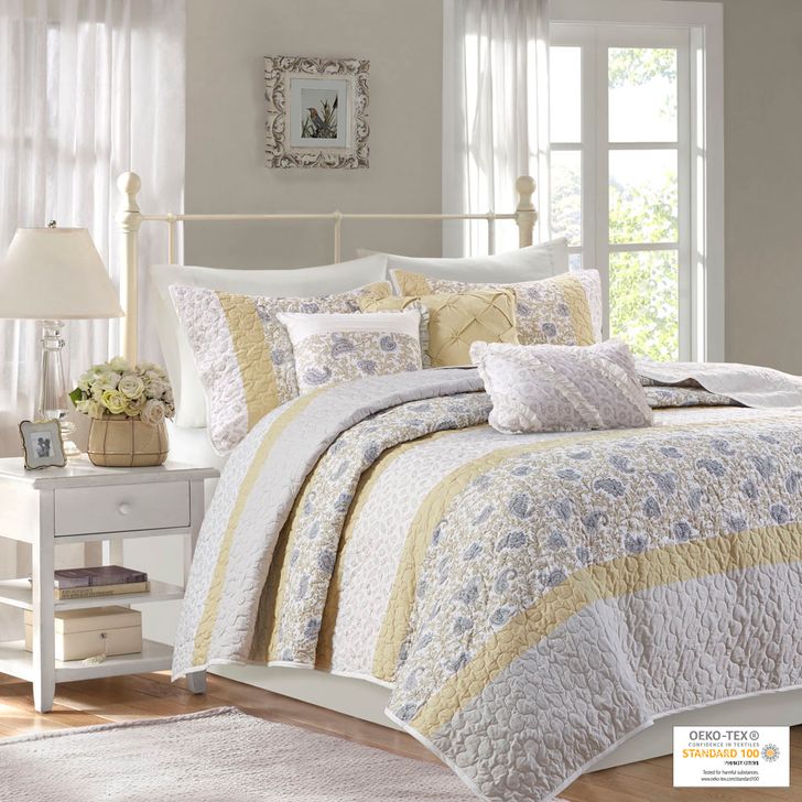 The appearance of Dawn Polyester And Cotton Percale Printed 6 Piece Queen Coverlet Set In Yellow designed by Olliix in the country / farmhouse interior design. This yellow piece of furniture  was selected by 1StopBedrooms from Dawn Collection to add a touch of cosiness and style into your home. Sku: MP13-7283. Material: Polyester. Bed Size: Queen. Product Type: Coverlet Set. Image1