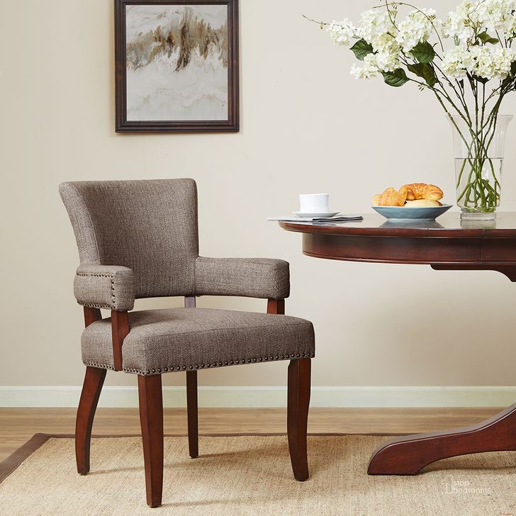 The appearance of Dawson Arm Dining Chair In Brown designed by Olliix in the traditional interior design. This brown piece of furniture  was selected by 1StopBedrooms from Dawson Collection to add a touch of cosiness and style into your home. Sku: FPF20-0387. Material: Wood. Product Type: Dining Chair. Image1