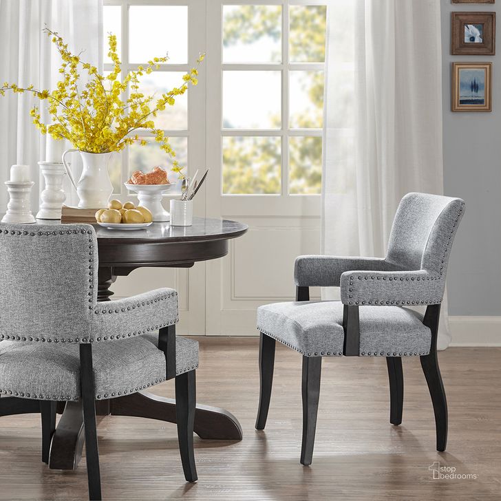 The appearance of Dawson Arm Dining Chair In Grey designed by Olliix in the transitional interior design. This grey piece of furniture  was selected by 1StopBedrooms from Dawson Collection to add a touch of cosiness and style into your home. Sku: MP100-0043. Material: Wood. Product Type: Dining Chair. Image1