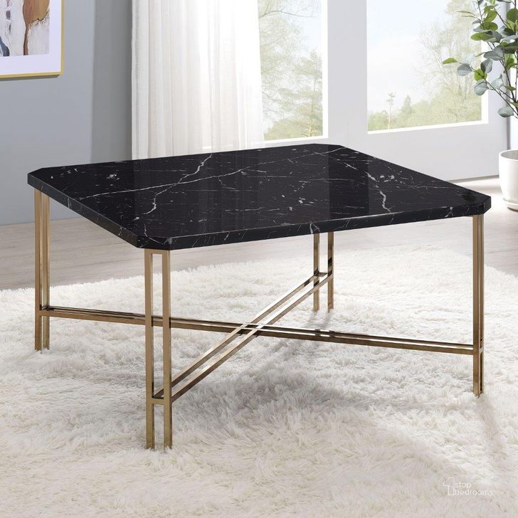 The appearance of Daxton Faux Marble Square Cocktail Table designed by Steve Silver in the transitional interior design. This black and gold piece of furniture  was selected by 1StopBedrooms from Daxton Collection to add a touch of cosiness and style into your home. Sku: DX100C. Product Type: Cocktail Table. Material: MDF. Image1
