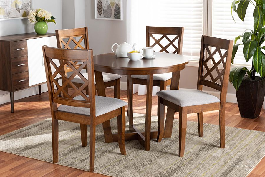 The appearance of Dayna Modern and Contemporary Grey Fabric Upholstered and Walnut Brown Finished Wood 5-Piece Dining Set designed by Baxton Studio in the modern / contemporary interior design. This walnut piece of furniture  was selected by 1StopBedrooms from Dayna Collection to add a touch of cosiness and style into your home. Sku: Dayna-Grey/Walnut-5PC Dining Set. Product Type: Dining Room Set. Material: Rubberwood. Image1