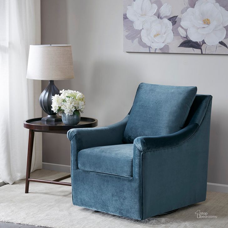 The appearance of Deanna Swivel Chair In Blue designed by Olliix in the transitional interior design. This blue piece of furniture  was selected by 1StopBedrooms from Deanna Collection to add a touch of cosiness and style into your home. Sku: MP103-0243. Material: Wood. Product Type: Living Room Chair. Image1