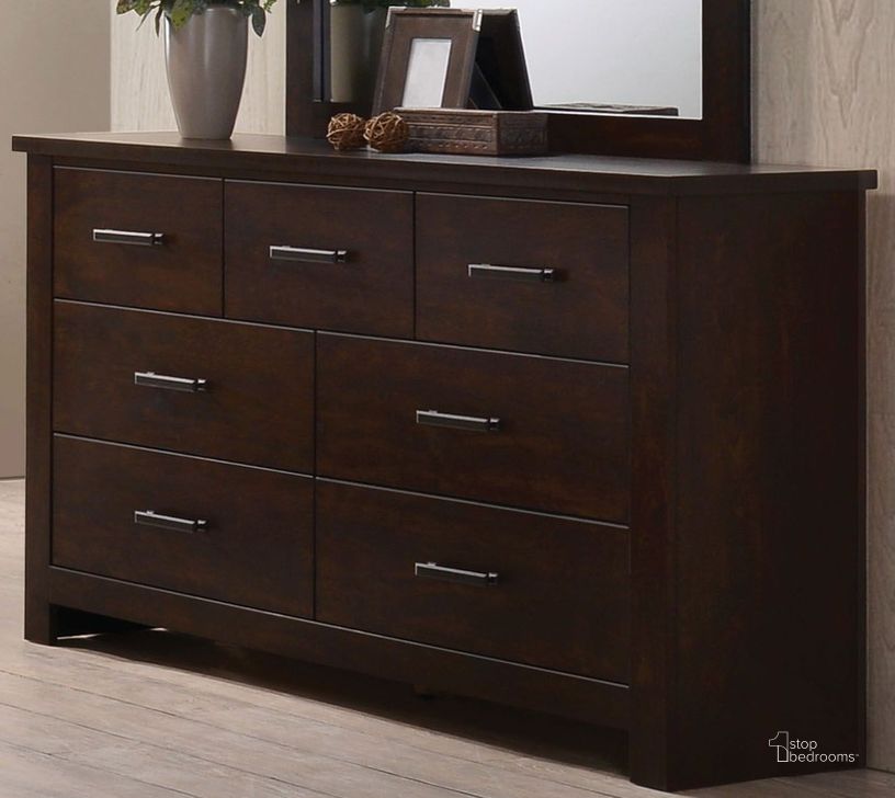 The appearance of Debelah Brown Dresser designed by Bennett Interiors in the transitional interior design. This brown piece of furniture  was selected by 1StopBedrooms from Debelah Collection to add a touch of cosiness and style into your home. Sku: 23375. Material: Wood. Product Type: Dresser. Image1