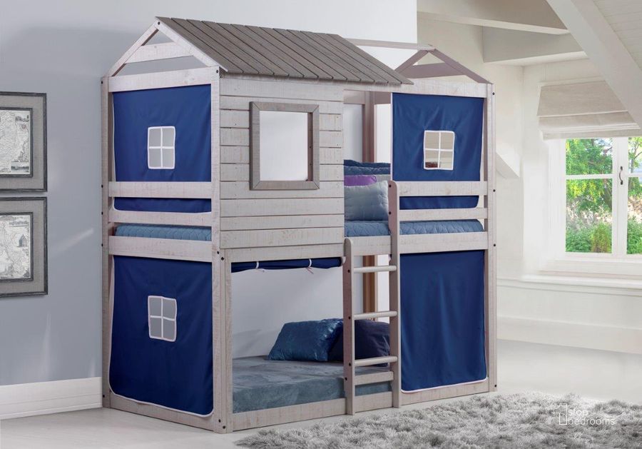 The appearance of Deer Blind Bunk Rustic Grey W-Blue Tent Kit designed by DONCO kids in the cabin / lodge interior design. This blue and grey piece of furniture  was selected by 1StopBedrooms from  to add a touch of cosiness and style into your home. Sku: 1370-TTLG_1370-DB. Material: Wood. Bed Size: Twin. Product Type: Novelty Bed. Bed Type: Novelty Bed. Image1