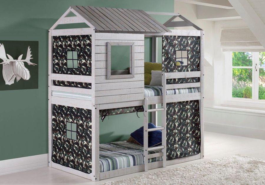 The appearance of Deer Blind Rustic Grey W-Green Camo Tent Kit designed by DONCO kids in the cabin / lodge interior design. This rustic gray piece of furniture  was selected by 1StopBedrooms from  to add a touch of cosiness and style into your home. Sku: 1370-TTLG_1370-DGC. Material: Wood. Bed Size: Twin. Product Type: Novelty Bed. Bed Type: Novelty Bed. Image1