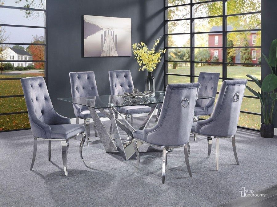 The appearance of Dekel Dining Room Set With Gray Chairs designed by ACME in the glam interior design. This stainless steel piece of furniture  was selected by 1StopBedrooms from Dekel Collection to add a touch of cosiness and style into your home. Sku: 70140ST;70141GL;70143. Table Base Style: Trestle. Product Type: Dining Room Set. Table Top Shape: Rectangular. Material: Stainless Steel. Size: 39". Image1
