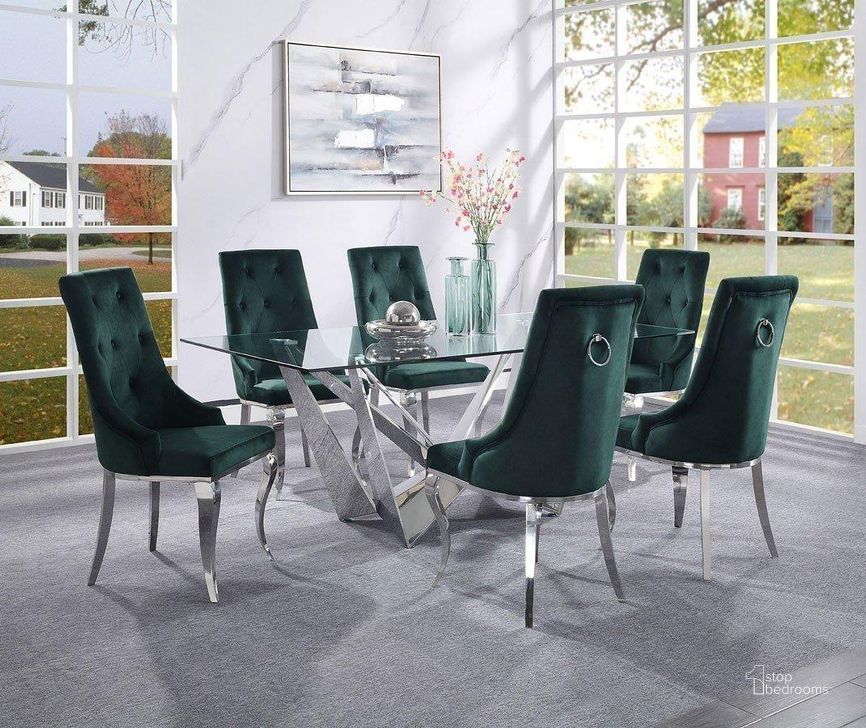 The appearance of Dekel Dining Room Set designed by ACME in the glam interior design. This stainless steel piece of furniture  was selected by 1StopBedrooms from Dekel Collection to add a touch of cosiness and style into your home. Sku: 70140ST;70141GL;70142. Table Base Style: Trestle. Product Type: Dining Room Set. Table Top Shape: Rectangular. Material: Stainless Steel. Size: 39". Image1