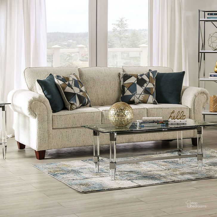 The appearance of Delgada Sofa In Beige designed by Furniture of America in the transitional interior design. This beige piece of furniture  was selected by 1StopBedrooms from Delgada Collection to add a touch of cosiness and style into your home. Sku: SM7749-SF. Product Type: Sofa. Material: Chenille. Image1