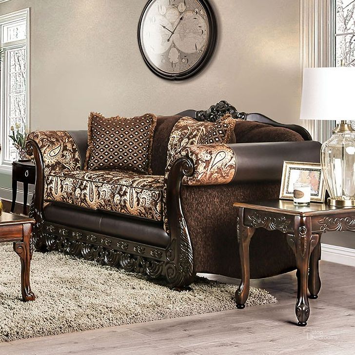 The appearance of Delicia Brown and Gold Loveseat designed by Windsor Home in the traditional interior design. This brown and gold piece of furniture  was selected by 1StopBedrooms from Delicia Collection to add a touch of cosiness and style into your home. Sku: SM6427-LV. Material: Wood. Product Type: Loveseat. Image1