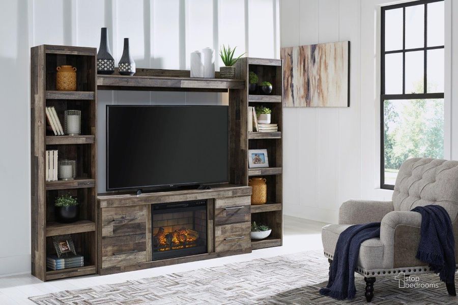 The appearance of Derekson Rustic Multi Gray Small 4 Piece Entertainment Wall with Electric Fireplace designed by Signature Design by Ashley in the rustic / southwestern interior design. This multi gray piece of furniture  was selected by 1StopBedrooms from Derekson Collection to add a touch of cosiness and style into your home. Sku: EW0200-268;EW0200-124;EW0200-124;EW0200-127;W100-101. Material: Wood. Product Type: Entertainment Wall. Image1
