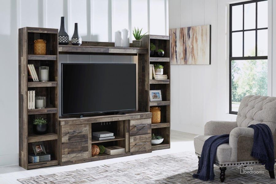 The appearance of Derekson Rustic Multi Gray Small 4 Piece Entertainment Wall designed by Signature Design by Ashley in the rustic / southwestern interior design. This multi gray piece of furniture  was selected by 1StopBedrooms from Derekson Collection to add a touch of cosiness and style into your home. Sku: EW0200-268;EW0200-124;EW0200-124;EW0200-127. Material: Wood. Product Type: Entertainment Wall. Image1