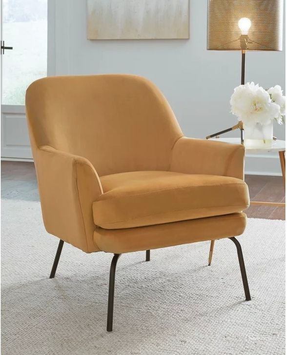 The appearance of Dericka Gold Accent Chair designed by Signature Design by Ashley in the transitional interior design. This gold piece of furniture  was selected by 1StopBedrooms from Dericka Collection to add a touch of cosiness and style into your home. Sku: A3000237. Material: Fabric. Product Type: Accent Chair. Image1