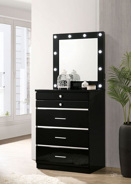 The appearance of Destinee Vanity Set In Black designed by Furniture of America in the glam interior design. This black piece of furniture  was selected by 1StopBedrooms from Destinee Collection to add a touch of cosiness and style into your home. Sku: CM-AC405BK-C;CM-AC405BK-M. Product Type: Vanity Set. Material: Mirror. Image1