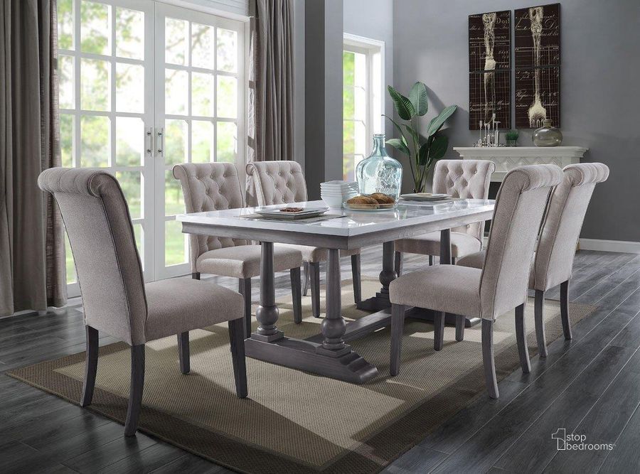 The appearance of Devak Gray Oak Dining Room Set 0qb24544052 designed by Off 5th Home in the transitional interior design. This gray oak piece of furniture  was selected by 1StopBedrooms from Devak Collection to add a touch of cosiness and style into your home. Sku: 73265;73267. Table Base Style: Trestle. Material: Wood. Product Type: Dining Room Set. Table Top Shape: Rectangular. Size: 71". Image1