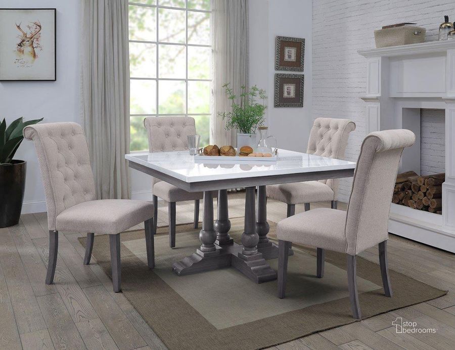 The appearance of Devak Gray Oak Dining Room Set 0qb24544053 designed by Off 5th Home in the transitional interior design. This gray oak piece of furniture  was selected by 1StopBedrooms from Devak Collection to add a touch of cosiness and style into your home. Sku: 73270;73267. Table Base Style: Pedestal. Table Top Shape: Square. Material: Wood. Product Type: Dining Room Set. Size: 48". Image1