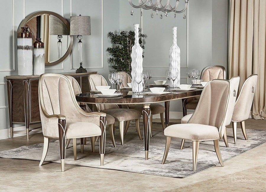 The appearance of Devany Hazelnut Dining Room Set 0qb24544034 designed by Off 5th Home in the transitional interior design. This hazelnut piece of furniture  was selected by 1StopBedrooms from Devany Collection to add a touch of cosiness and style into your home. Sku: N9008000-410;N9008003-410. Table Base Style: Legs. Table Top Shape: Oval. Material: Wood. Product Type: Dining Room Set. Size: 124". Image1