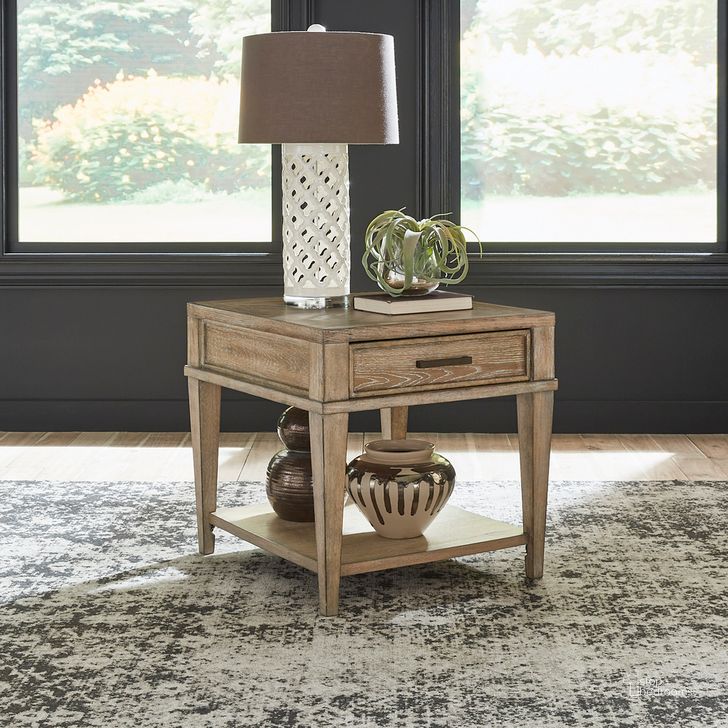 The appearance of Devonshire Drawer End Table In Weathered Sandstone designed by Liberty in the transitional interior design. This sandstone piece of furniture  was selected by 1StopBedrooms from Devonshire Collection to add a touch of cosiness and style into your home. Sku: 809-OT1020. Product Type: End Table. Material: Rubberwood. Image1