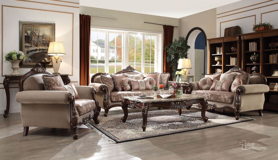 The appearance of Deyanira Brown Living Room Set designed by Isaac Tahari in the transitional interior design. This brown piece of furniture  was selected by 1StopBedrooms from Deyanira Collection to add a touch of cosiness and style into your home. Sku: 50690;50691. Material: Fabric. Product Type: Living Room Set. Image1