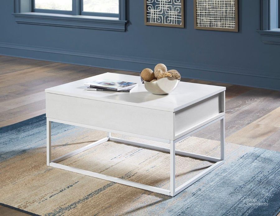 The appearance of Deznee White Lift Top Occasional Table Set designed by Signature Design by Ashley in the modern / contemporary interior design. This white piece of furniture  was selected by 1StopBedrooms from Deznee Collection to add a touch of cosiness and style into your home. Sku: T162-9;T162-3. Product Type: Occasional Table Set. Material: Melamine. Image1