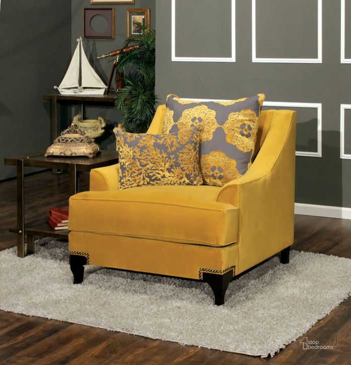 The appearance of Dharani Gold Chair designed by Versailles Home in the traditional interior design. This gold piece of furniture  was selected by 1StopBedrooms from Dharani Collection to add a touch of cosiness and style into your home. Sku: SM2201-CH. Material: Fabric. Product Type: Living Room Chair. Key Features: Nailhead Trim. Image1