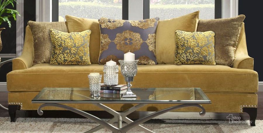 The appearance of Dharani Gold Sofa designed by Versailles Home in the traditional interior design. This gold piece of furniture  was selected by 1StopBedrooms from Dharani Collection to add a touch of cosiness and style into your home. Sku: SM2201-SF. Material: Fabric. Product Type: Sofa. Key Features: Nailhead Trim. Image1