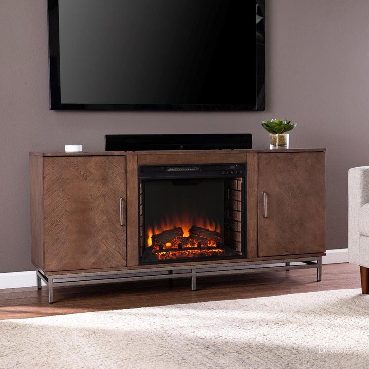 The appearance of Dibbonly Electric Fireplace With Media Storage designed by SEI Furniture in the transitional interior design. This brown piece of furniture  was selected by 1StopBedrooms from Dibbonly Collection to add a touch of cosiness and style into your home. Sku: FE1095756. Material: Wood. Product Type: Fireplace. Image1