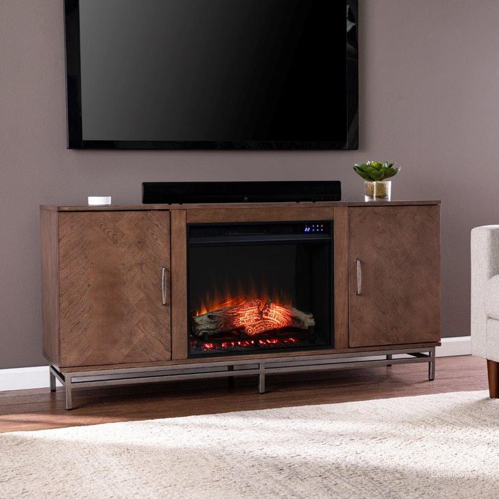 The appearance of Dibbonly Touch Screen Electric Fireplace With Media Storage designed by SEI Furniture in the transitional interior design. This brown piece of furniture  was selected by 1StopBedrooms from Dibbonly Collection to add a touch of cosiness and style into your home. Sku: FR1095756. Material: Wood. Product Type: Fireplace. Image1