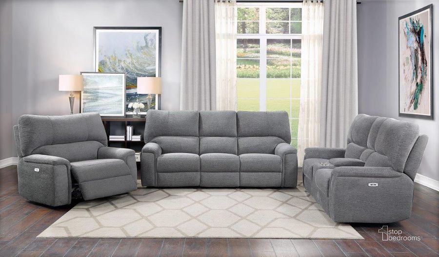 The appearance of Dickinson Charcoal Double Reclining Living Room Set designed by Homelegance in the modern / contemporary interior design. This gray piece of furniture  was selected by 1StopBedrooms from Dickinson Collection to add a touch of cosiness and style into your home. Sku: 9413CC-3;9413CC-2. Material: Wood. Product Type: Living Room Set. Image1