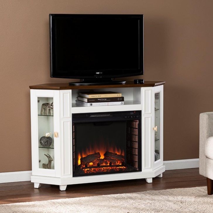 The appearance of Dilvon Electric Media Fireplace With Storage designed by SEI Furniture in the transitional interior design. This white and brown piece of furniture  was selected by 1StopBedrooms from Dilvon Collection to add a touch of cosiness and style into your home. Sku: FE1137456. Material: Wood. Product Type: Fireplace. Image1
