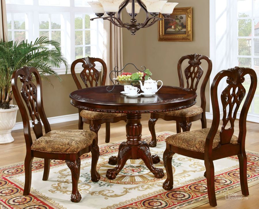 The appearance of Elana Brown Cherry Dining Set designed by Furniture of America in the traditional interior design. This brown piece of furniture  was selected by 1StopBedrooms from Elana Collection to add a touch of cosiness and style into your home. Sku: CM3212RT-1;CM3212RT-2;CM3212SC-2PK. Table Base Style: Pedestal. Table Top Shape: Round. Material: Wood. Product Type: Dining Room Set. Image1