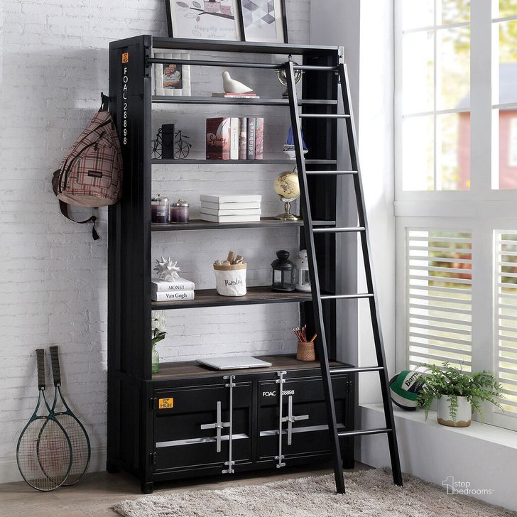 The appearance of Dipiloh Bookcase In Black and Distressed Dark Oak designed by Furniture of America in the industrial interior design. This black and distressed dark oak piece of furniture  was selected by 1StopBedrooms from Dipiloh Collection to add a touch of cosiness and style into your home. Sku: FOA-AC379-1;FOA-AC379-2. Material: Metal. Product Type: Bookcase.
