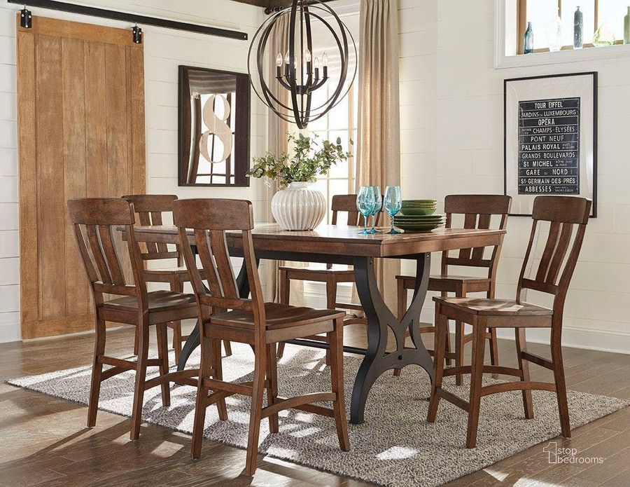 The appearance of District Rustic Extendable Gathering Height Dining Room Set designed by Intercon in the rustic / southwestern interior design. This black piece of furniture  was selected by 1StopBedrooms from District Collection to add a touch of cosiness and style into your home. Sku: DT-TA-4296-CCR-TOP;DT-TA-4296MG-CCR-BSE;DT-BS-645C-CCR-K24. Table Base Style: Trestle. Product Type: Dining Room Set. Table Top Shape: Rectangular. Image1