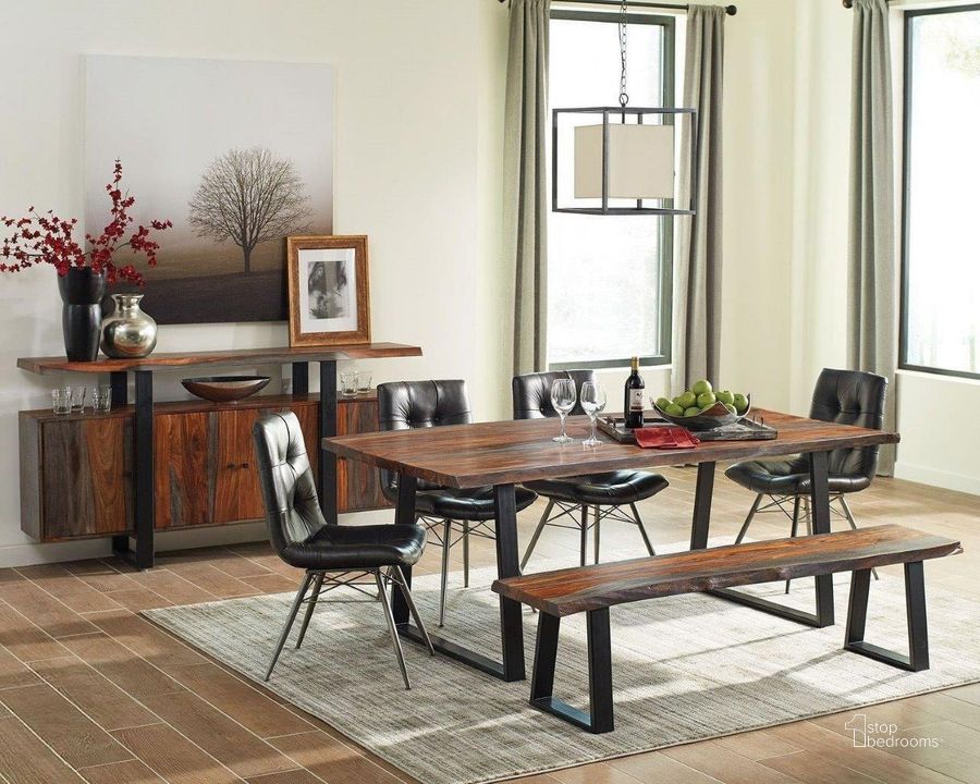The appearance of Ditman Grey Sheesham and Black Dining Room Set designed by Coaster in the transitional interior design. This black and brown piece of furniture  was selected by 1StopBedrooms from Ditman Collection to add a touch of cosiness and style into your home. Sku: 110181;110302B1;110302B2. Table Base Style: Double Pedestal. Material: Wood. Product Type: Dining Room Set. Table Top Shape: Rectangular. Image1