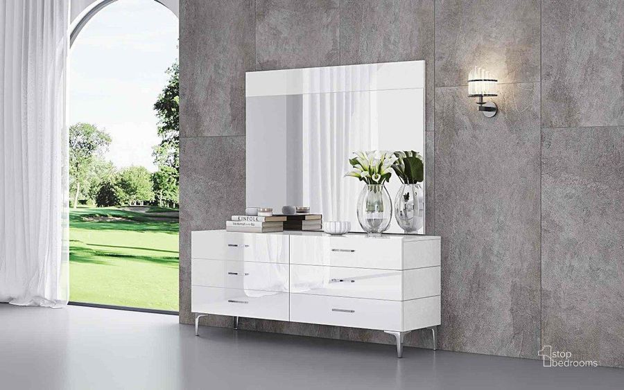 The appearance of Diva White Double Dresser designed by Whiteline Modern Living in the modern / contemporary interior design. This white high gloss piece of furniture  was selected by 1StopBedrooms from Diva Collection to add a touch of cosiness and style into your home. Sku: DR1345D-WHT. Material: Wood. Product Type: Dresser. Image1