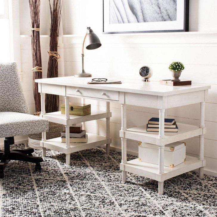 The appearance of Dixon White Washed Home Office Set designed by Safavieh in the transitional interior design. This washed white piece of furniture  was selected by 1StopBedrooms from Dixon Collection to add a touch of cosiness and style into your home. Sku: AMH1526A;MCR1028A. Material: Wood. Product Type: Home Office Set. Image1