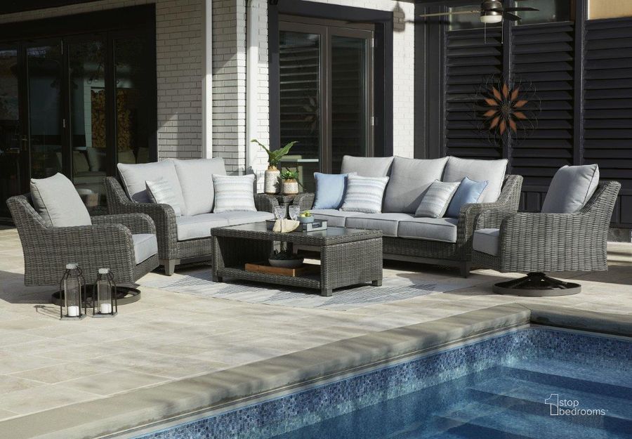 The appearance of Donalima Gray Outdoor Conversation Set 0qd24434428 designed by Isaac Tahari in the transitional interior design. This gray piece of furniture  was selected by 1StopBedrooms from Donalima Collection to add a touch of cosiness and style into your home. Sku: P518-838;P518-835. Material: Metal. Product Type: Outdoor Conversation Set. Image1