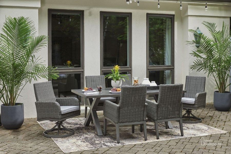 The appearance of Donalima Gray Outdoor Dining Furniture Set designed by Isaac Tahari in the transitional interior design. This gray piece of furniture  was selected by 1StopBedrooms from Donalima Collection to add a touch of cosiness and style into your home. Sku: P518-625;P518-601A. Material: Metal. Table Top Shape: Rectangular. Product Type: Outdoor Dining Set. Image1