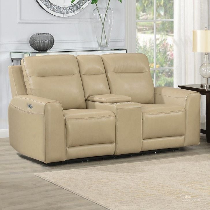 The appearance of Doncella Power Reclining Console Loveseat In Tan designed by Steve Silver in the  interior design. This tan piece of furniture  was selected by 1StopBedrooms from Doncella Collection to add a touch of cosiness and style into your home. Sku: DO950CL. Product Type: Loveseat. Material: Plywood. Image1