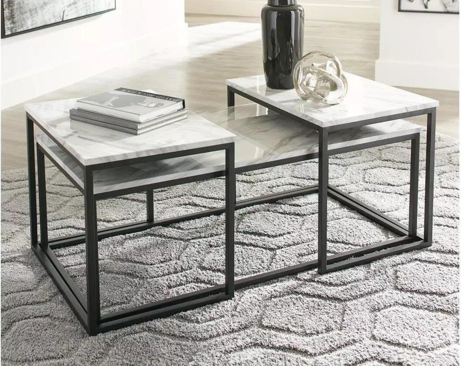 The appearance of Donnesta White 3 Piece Occasional Table Set designed by Signature Design by Ashley in the transitional interior design. This gray and black piece of furniture  was selected by 1StopBedrooms from Donnesta Collection to add a touch of cosiness and style into your home. Sku: T182-13. Material: Marble. Product Type: Occasional Table Set. Image1