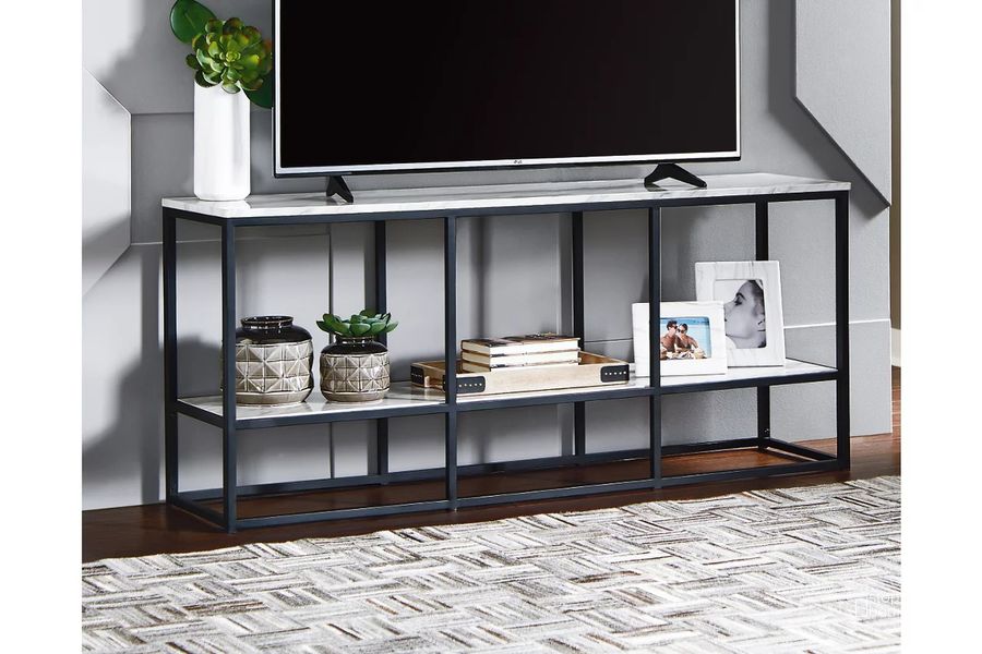 The appearance of Donnesta White 65 Inch TV Stand designed by Signature Design by Ashley in the transitional interior design. This gray and black piece of furniture  was selected by 1StopBedrooms from Donnesta Collection to add a touch of cosiness and style into your home. Sku: W192-10. Material: Marble. Product Type: TV Stands and TV Console. Image1
