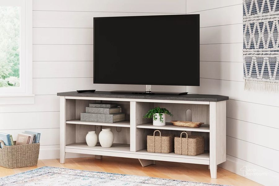 The appearance of Dorrinson Two-Tone Medium Corner Tv Stand designed by Signature Design by Ashley in the transitional interior design. This two-tone piece of furniture  was selected by 1StopBedrooms from Dorrinson Collection to add a touch of cosiness and style into your home. Sku: W287-56. Material: Wood. Product Type: TV Stand. Image1