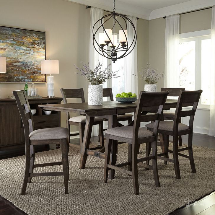 The appearance of Double Bridge Dark Chestnut Gathering Dining Room Set designed by Liberty in the transitional interior design. This brown piece of furniture  was selected by 1StopBedrooms from Bridge Collection to add a touch of cosiness and style into your home. Sku: 152-GT3696P;152-GT3696T;152-B250124. Table Base Style: Trestle. Material: Wood. Product Type: Dining Room Set. Table Top Shape: Rectangular. Image1