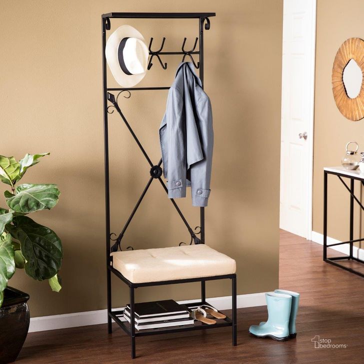 The appearance of Dovanti Entryway Storage Rack With Bench Seat designed by SEI Furniture in the transitional interior design. This black piece of furniture  was selected by 1StopBedrooms from Dovanti Collection to add a touch of cosiness and style into your home. Sku: HP3191. Material: Metal. Product Type: Storage Bench. Image1